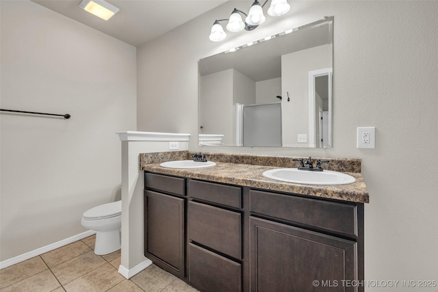 9220 S 256th E Ave, Broken Arrow, OK 74014 - bathroom with double vanity, tile patterned flooring, toilet, baseboards, and a shower