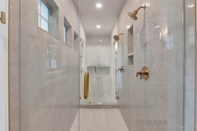 3121 S Rockford Dr, Tulsa, OK 74105 - full bathroom featuring a stall shower and recessed lighting