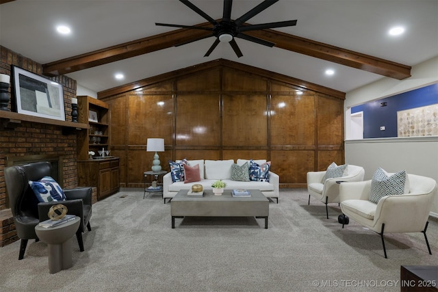 2604 W Broadway St, Broken Arrow, OK 74012 - living room featuring light colored carpet, a ceiling fan, wood walls, and a fireplace