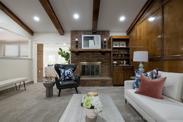 2604 W Broadway St, Broken Arrow, OK 74012 - living area featuring carpet flooring, beam ceiling, a brick fireplace, and recessed lighting