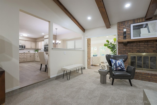2604 W Broadway St, Broken Arrow, OK 74012 - sitting room with a fireplace, light colored carpet, a chandelier, beamed ceiling, and recessed lighting