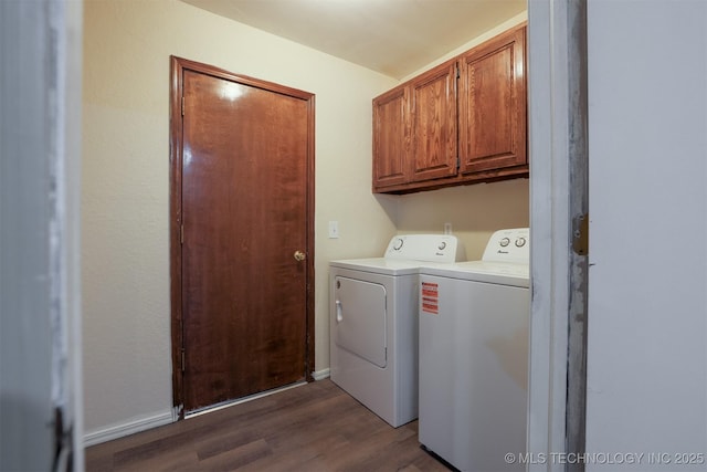 2604 W Broadway St, Broken Arrow, OK 74012 - laundry room with washing machine and clothes dryer, cabinet space, and dark wood-type flooring
