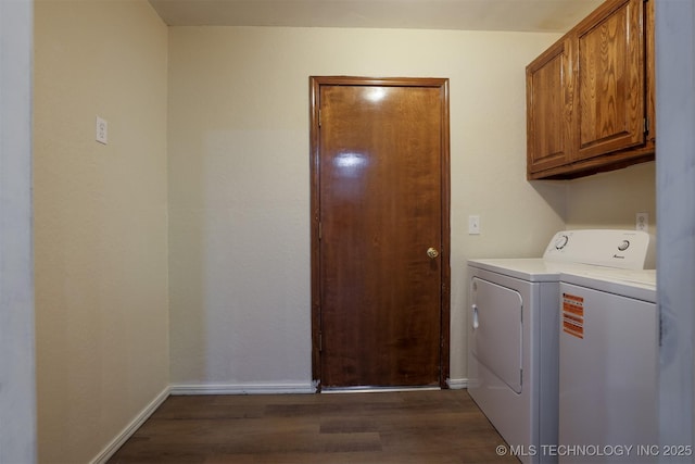 2604 W Broadway St, Broken Arrow, OK 74012 - washroom featuring cabinet space, dark wood finished floors, separate washer and dryer, and baseboards
