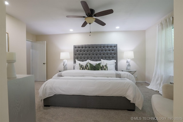 2604 W Broadway St, Broken Arrow, OK 74012 - bedroom featuring light colored carpet, recessed lighting, and ceiling fan
