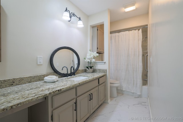 2604 W Broadway St, Broken Arrow, OK 74012 - bathroom with marble look tiles, vanity, toilet, and shower / bathtub combination with curtain