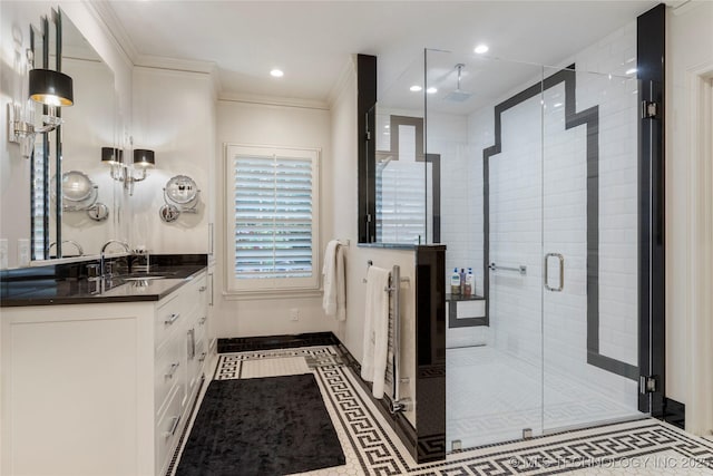 1764 E 30th St, Tulsa, OK 74114 - full bathroom with vanity, a stall shower, baseboards, recessed lighting, and ornamental molding