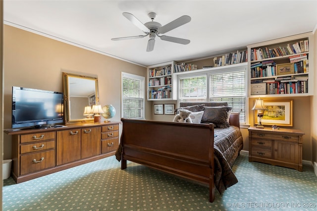 1764 E 30th St, Tulsa, OK 74114 - carpeted bedroom featuring crown molding and ceiling fan