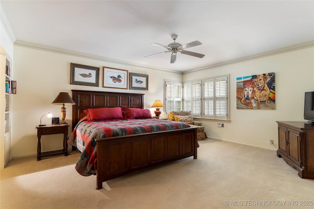 1764 E 30th St, Tulsa, OK 74114 - bedroom with crown molding, light carpet, baseboards, and ceiling fan