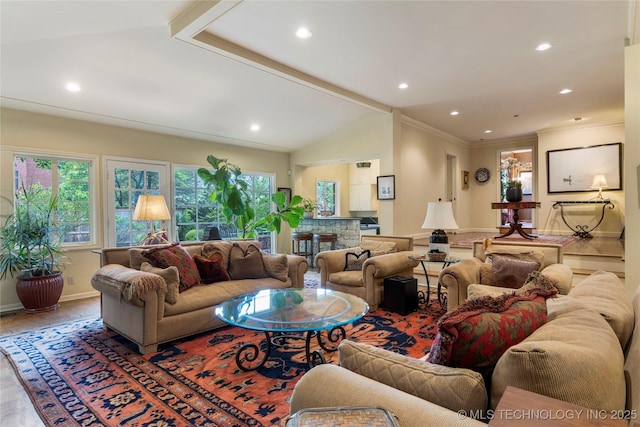 1764 E 30th St, Tulsa, OK 74114 - living area with recessed lighting, ornamental molding, baseboards, and lofted ceiling