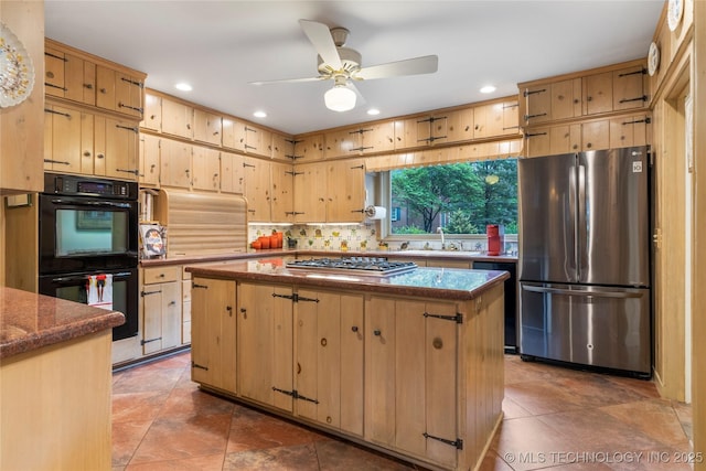 1764 E 30th St, Tulsa, OK 74114 - kitchen featuring black appliances, a sink, light brown cabinetry, decorative backsplash, and recessed lighting