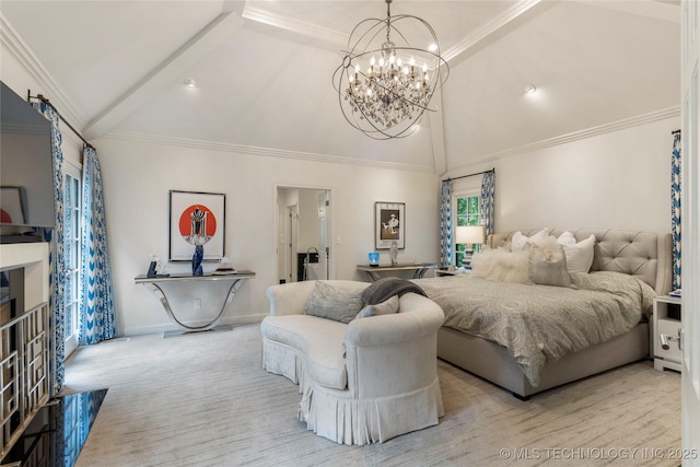1764 E 30th St, Tulsa, OK 74114 - bedroom featuring a chandelier, high vaulted ceiling, beam ceiling, baseboards, and crown molding