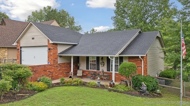 3504 S Rolling Oaks Dr, Tulsa, OK 74107 - view of front of home featuring brick siding, a porch, a shingled roof, and a garage