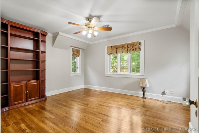 2508 Terwilleger Blvd, Tulsa, OK 74114 - unfurnished living room with wood finished floors, ceiling fan, ornamental molding, and baseboards
