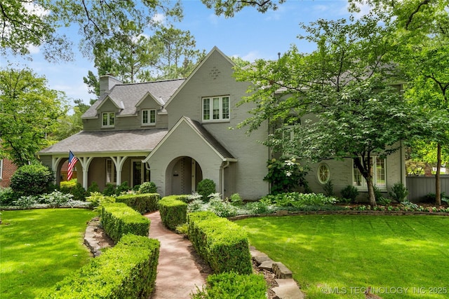 2508 Terwilleger Blvd, Tulsa, OK 74114 - view of front of house with a chimney, a front yard, and a shingled roof