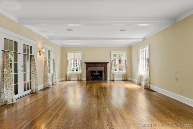 2508 Terwilleger Blvd, Tulsa, OK 74114 - unfurnished living room featuring french doors, beamed ceiling, wood finished floors, a premium fireplace, and crown molding