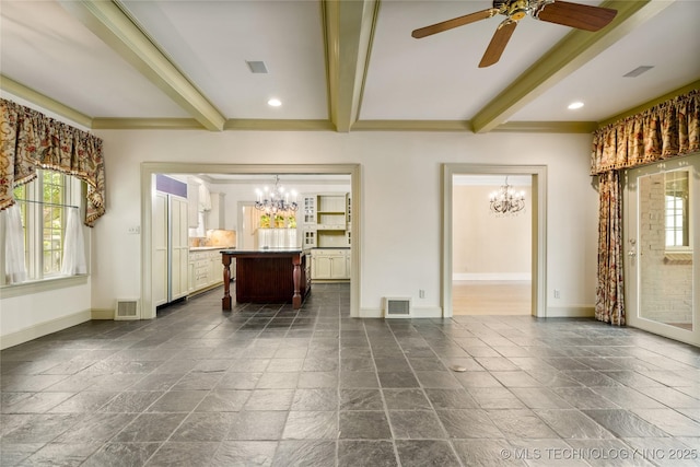 2508 Terwilleger Blvd, Tulsa, OK 74114 - living room featuring a chandelier, stone tile floors, beamed ceiling, baseboards, and ceiling fan