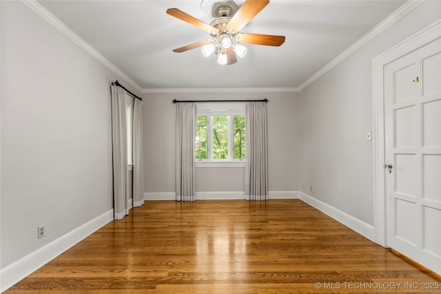 2508 Terwilleger Blvd, Tulsa, OK 74114 - spare room featuring a ceiling fan, light wood-style flooring, ornamental molding, and baseboards