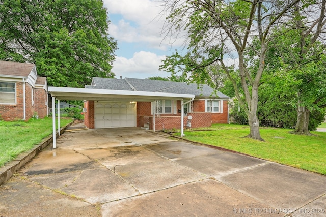 6315 E 5th Pl, Tulsa, OK 74112 - ranch-style house featuring brick siding, a garage, concrete driveway, and a front lawn