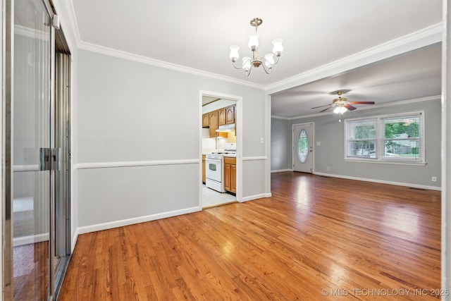 6315 E 5th Pl, Tulsa, OK 74112 - empty room with a chandelier, ornamental molding, baseboards, light wood-style flooring, and ceiling fan