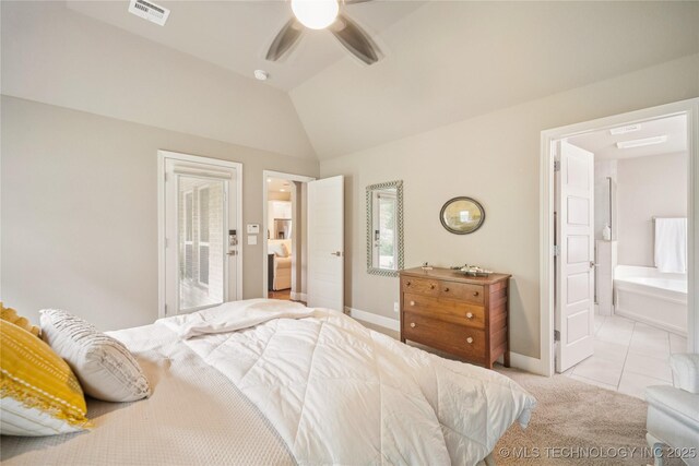 10350 E 122nd St S, Bixby, OK 74008 - bedroom with lofted ceiling, light carpet, baseboards, ensuite bathroom, and ceiling fan