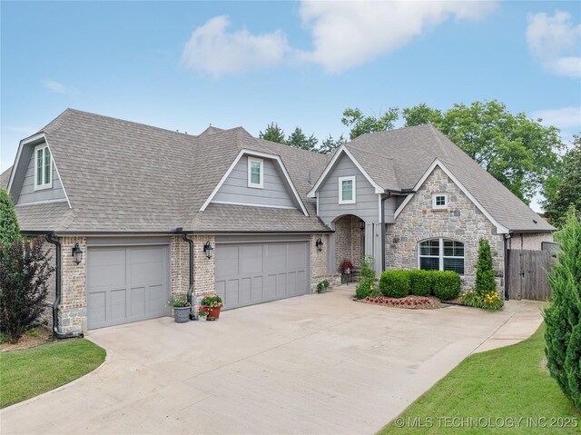 10350 E 122nd St S, Bixby, OK 74008 - view of front of property featuring concrete driveway, roof with shingles, stone siding, an attached garage, and brick siding