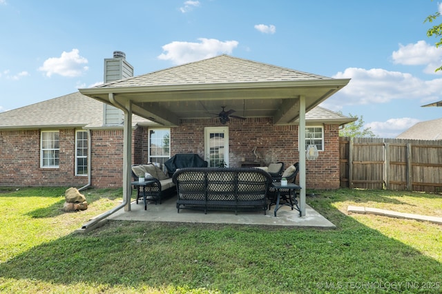 13 Cedar St, Kiefer, OK 74041 - rear view of house with a ceiling fan, outdoor lounge area, a chimney, and a patio