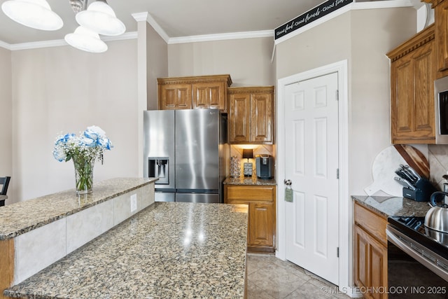 13 Cedar St, Kiefer, OK 74041 - kitchen with stainless steel appliances, ornamental molding, backsplash, brown cabinets, and light stone counters