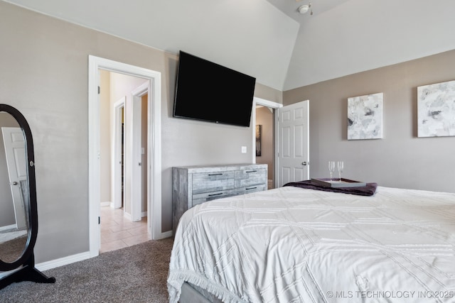 13 Cedar St, Kiefer, OK 74041 - bedroom featuring light colored carpet, light tile patterned flooring, and vaulted ceiling