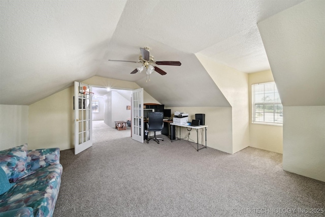 321 W 50th Pl, Sand Springs, OK 74063 - carpeted office featuring lofted ceiling, a textured ceiling, and ceiling fan