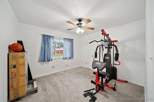 321 W 50th Pl, Sand Springs, OK 74063 - workout room featuring a ceiling fan, carpet flooring, and baseboards