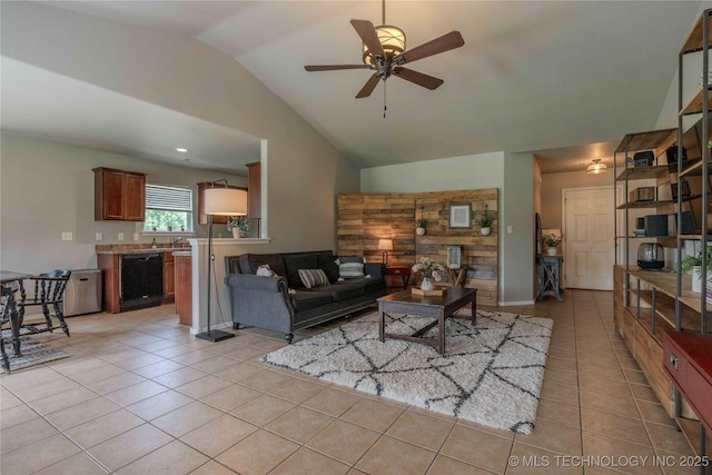 2800 N 20th St, Broken Arrow, OK 74012 - living area with light tile patterned floors, lofted ceiling, and ceiling fan