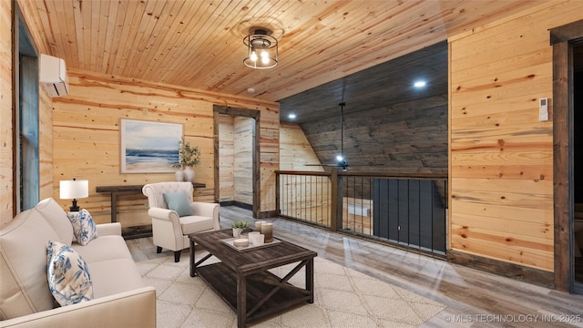 4396 E Cheadle Rd, Milburn, OK 73450 - living area featuring a wall unit AC, wood finished floors, lofted ceiling, wooden ceiling, and wooden walls