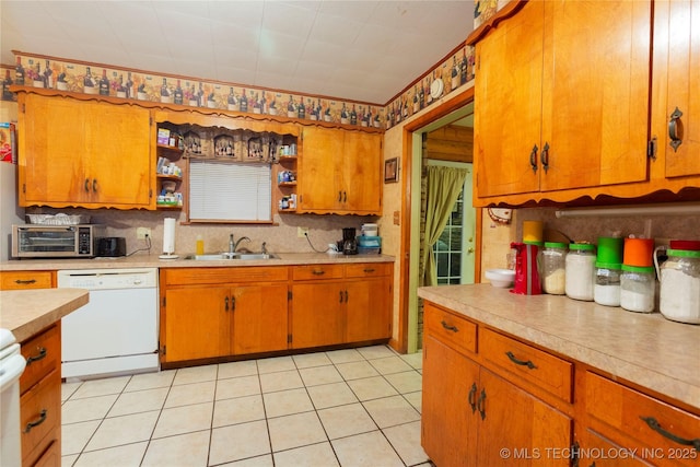 200 S K St, Quinton, OK 74561 - kitchen featuring dishwasher, open shelves, a sink, light countertops, and tasteful backsplash