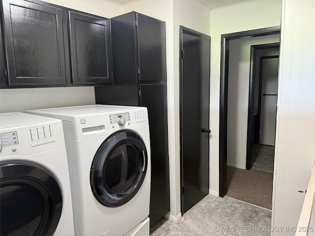 1950 Cimmaron, Wilson, OK 73463 - laundry area with independent washer and dryer, cabinet space, and light carpet