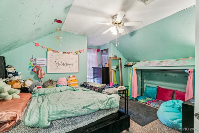 8713 S 77th E Ave, Tulsa, OK 74133 - carpeted bedroom with vaulted ceiling and a ceiling fan