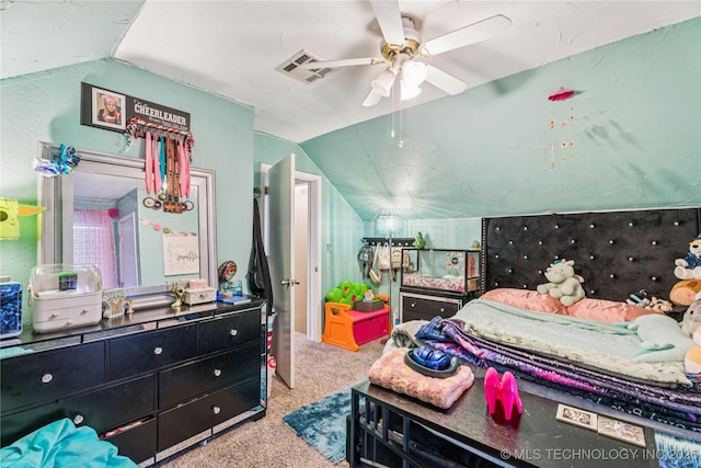 8713 S 77th E Ave, Tulsa, OK 74133 - carpeted bedroom with vaulted ceiling and ceiling fan