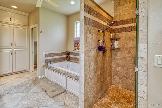 124 Walnut Rdg, Eufaula, OK 74432 - bathroom featuring a garden tub, a stall shower, recessed lighting, and ceiling fan