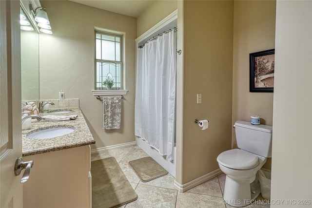 124 Walnut Rdg, Eufaula, OK 74432 - full bathroom featuring toilet, double vanity, baseboards, tile patterned flooring, and shower / bathtub combination with curtain