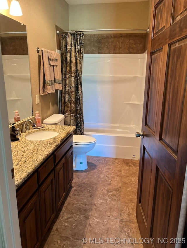 7400 E Prairie View Rd E, Kenefic, OK 74748 - full bathroom featuring toilet, vanity, and shower / bathtub combination with curtain