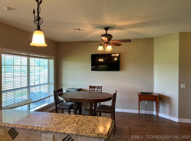 7400 E Prairie View Rd E, Kenefic, OK 74748 - dining room featuring baseboards and a ceiling fan