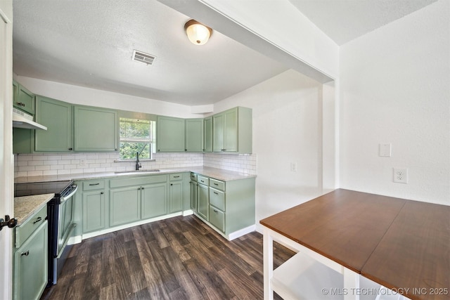 5963 S Westwood Ave, Oilton, OK 74052 - kitchen with green cabinets, stainless steel range with electric stovetop, a sink, dark wood finished floors, and backsplash