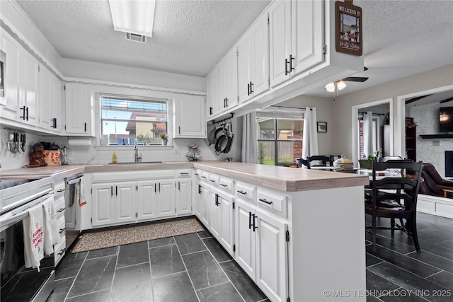 200 Turkey Creek Rd, Bartlesville, OK 74006 - kitchen with a sink, a textured ceiling, a peninsula, electric stove, and light countertops