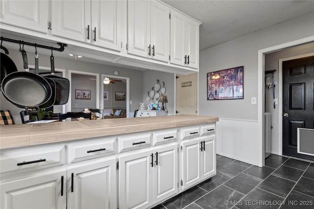 200 Turkey Creek Rd, Bartlesville, OK 74006 - kitchen featuring white cabinetry, a wainscoted wall, a ceiling fan, and a textured ceiling