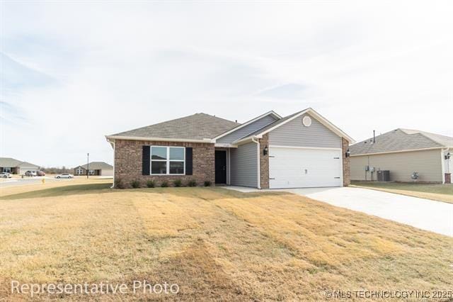 8508 E Queens St, Broken Arrow, OK 74014 - ranch-style house featuring a garage, driveway, brick siding, a front lawn, and central AC