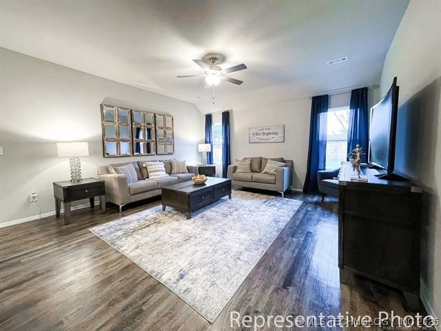 8508 E Queens St, Broken Arrow, OK 74014 - living room with a ceiling fan, dark wood-style floors, and baseboards