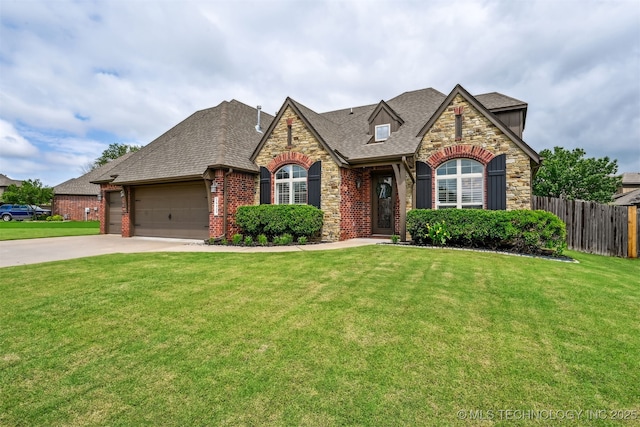 16425 E 49th St, Tulsa, OK 74134 - french country style house featuring stone siding, an attached garage, driveway, roof with shingles, and brick siding