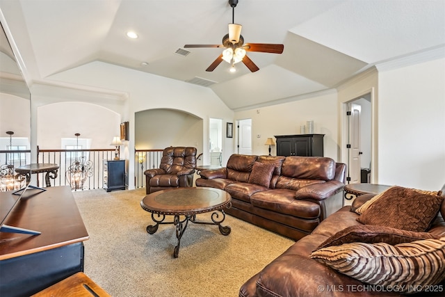16425 E 49th St, Tulsa, OK 74134 - living area with ceiling fan, vaulted ceiling, carpet flooring, and ornamental molding