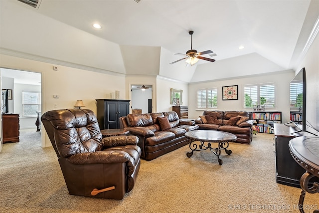 16425 E 49th St, Tulsa, OK 74134 - living area featuring carpet flooring, ceiling fan, vaulted ceiling, recessed lighting, and ornamental molding
