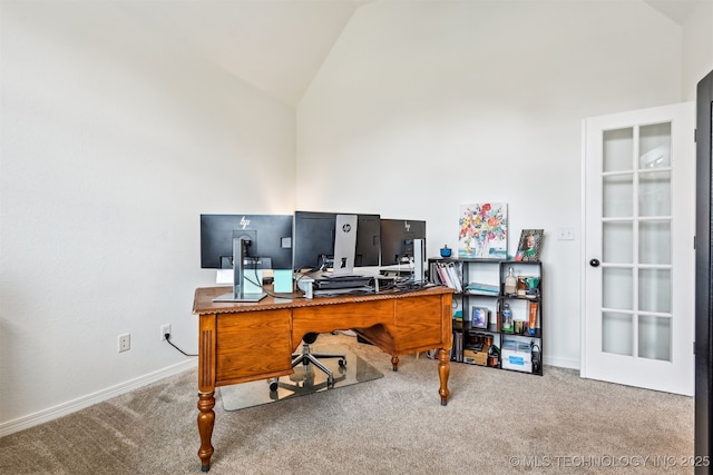 16425 E 49th St, Tulsa, OK 74134 - office area featuring carpet, lofted ceiling, and baseboards