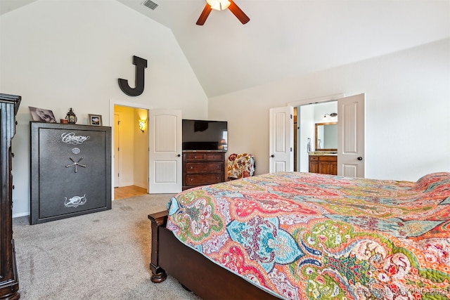 16425 E 49th St, Tulsa, OK 74134 - carpeted bedroom featuring high vaulted ceiling, a ceiling fan, and ensuite bathroom